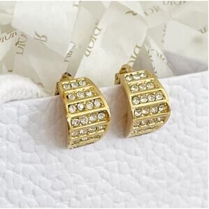 DIOR Vintage 1980s Whole Shining Half Dome Hoop Crystal Clip Earrings